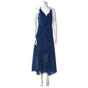 Rebecca Taylor Floral Maxi Midi Dress Womens 4 Blue Sleeveless Ruffle V-Neck